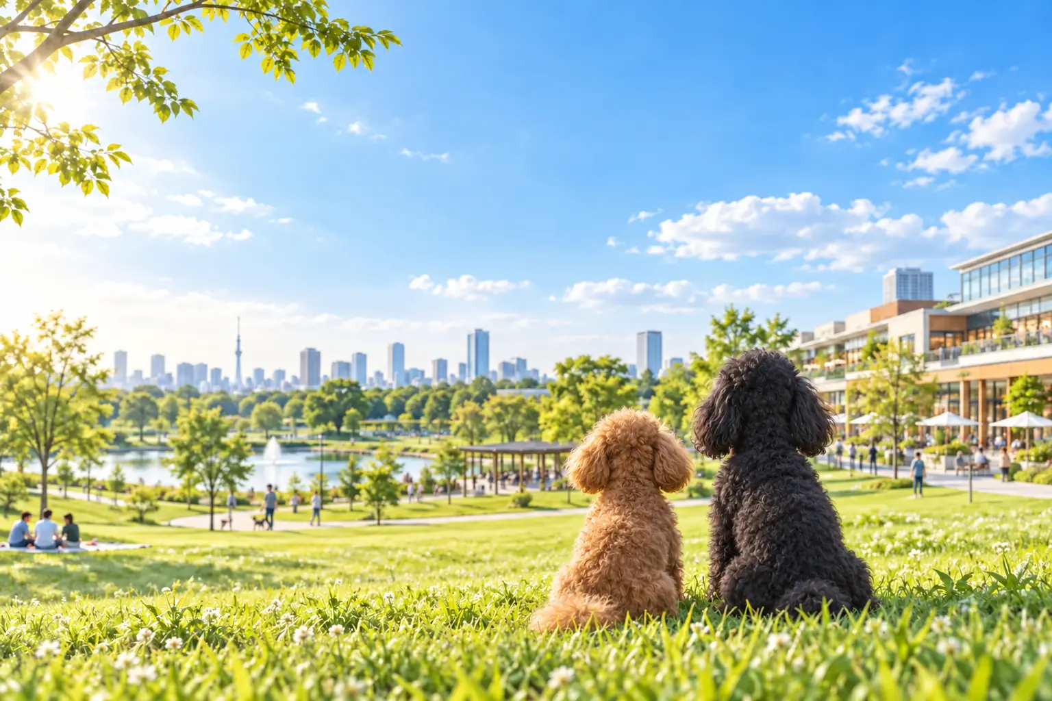 東京の公園と街並みを並んで眺める、茶色と黒のトイプードル（イメージ）